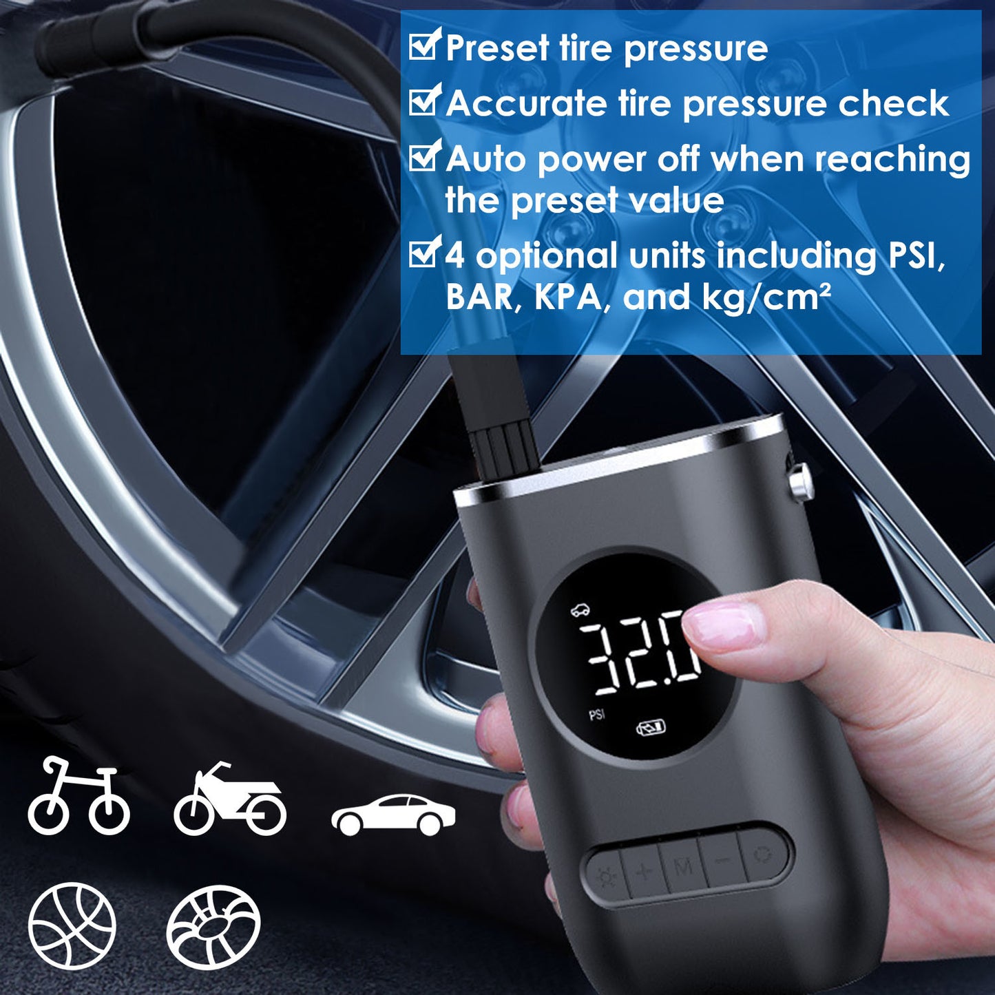 Car Tire Inflator Pump Portable Car Air Compressor Wireless Electric Air Pump 150 PSI with LED Light