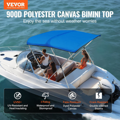 VEVOR 3 Bow Bimini Top Boat Cover, 900D Polyester Canopy with 1" Aluminum Alloy Frame, Waterproof and Sun Shade, Includes Storage Boot, 4 Straps, 2 Support Poles, 6'L x 46"H x 61"-66"W, Pacific Blue