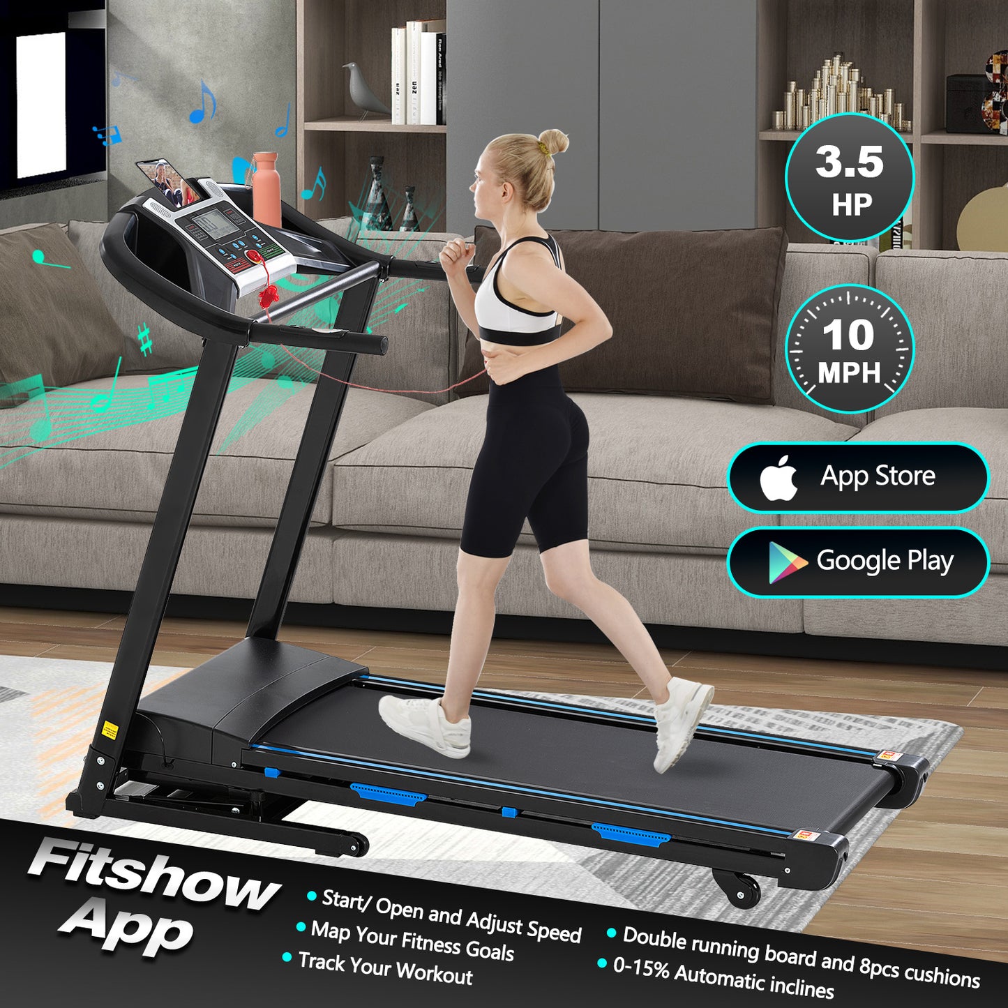 Treadmills for Home, Electric Treadmill with Automatic Incline, Foldable 3.5HP Workout Running Machine Walking, Double Running Board Shock Absorption Pulse Sensor Bluetooth Speaker APP FITSHOW.