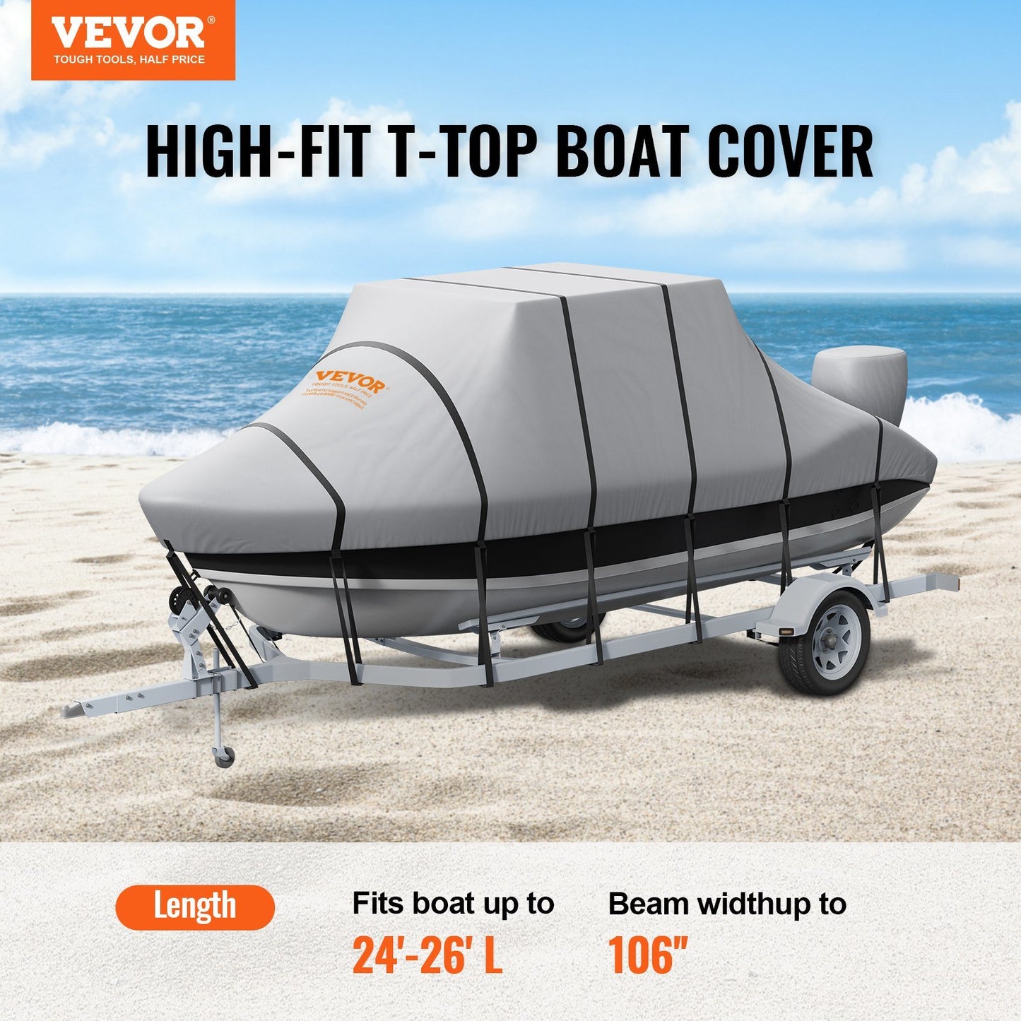 VEVOR T Top Boat Cover, 24'-26' Waterproof Trailerable T-Top Boat Cover, 600D Marine Grade PU Oxford, with Windproof Buckle Straps, for Center Console Boat with T Top Roof, Fits 24'-26'L x 106"W, Grey