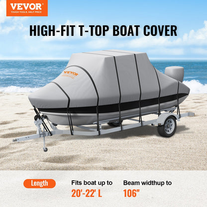 VEVOR T Top Boat Cover, 20'-22' Waterproof Trailerable T-Top Boat Cover, 600D Marine Grade PU Oxford, with Windproof Buckle Straps, for Center Console Boat with T Top Roof, Fits 20'-22'L x 106"W, Grey