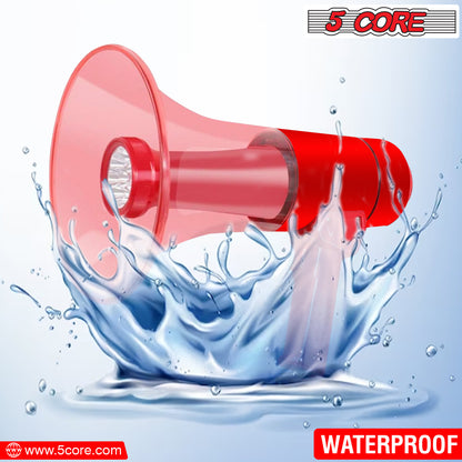 5 Core 40W Waterproof Megaphone Bullhorn Flashlight PRO Fire Army Grade - Battery + LED Light + Adj Volume + Siren Handheld Lightweight for Water Sports Boat Speaker- HW 18 WP RED