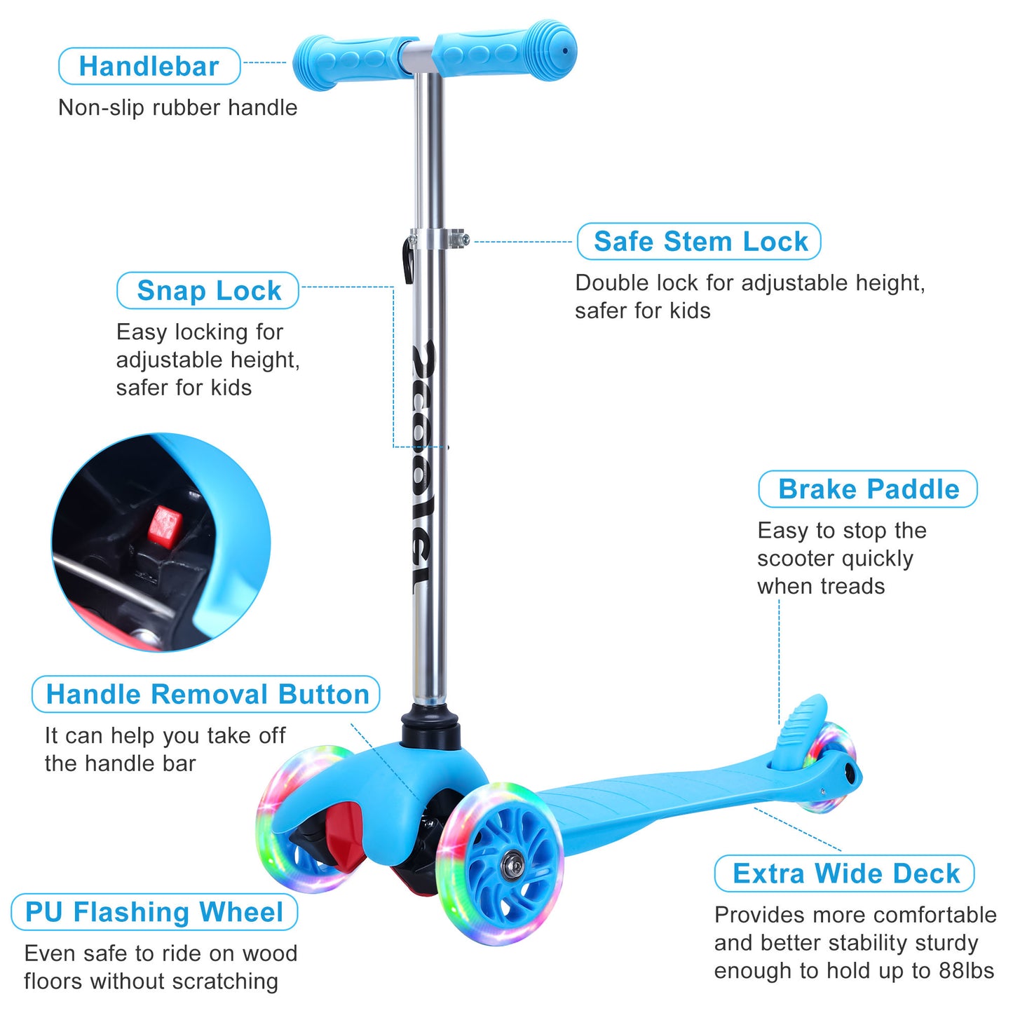 SimpleLux Kids Scooter - 4 Adjustable Height, Extra-Wide Deck with Brake & 3 PU Flashing Wheels, Over 3 Years Old,Blue