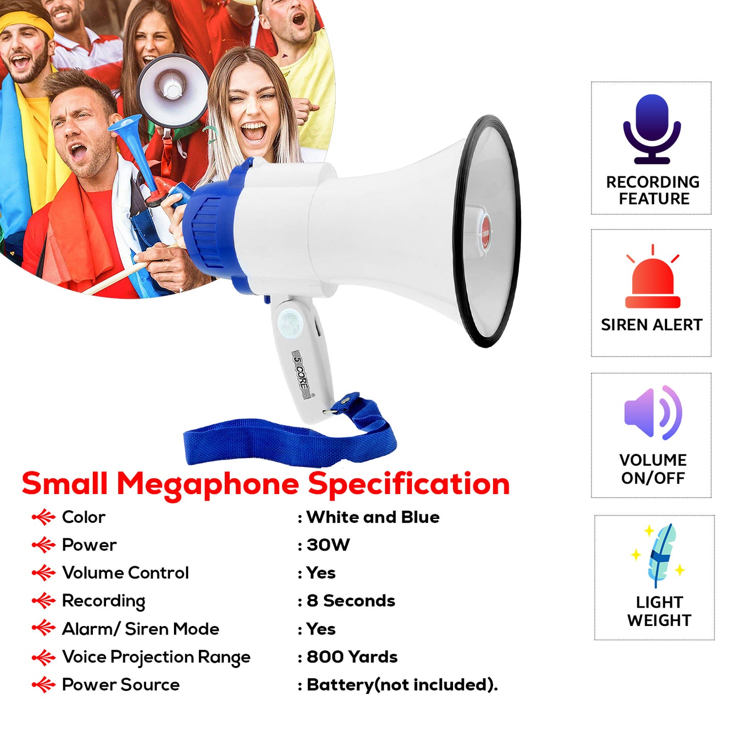 5Core Megaphone Bullhorn Speaker 30W Bull Horn Battery Power Mini Cheer Megafono 800 Feet Range Loudspeaker W Siren Recording Ergonomic Handle for Coaches Football Baseball Cheerleading - 8R