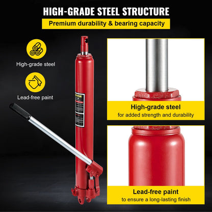 VEVOR Hydraulic Long Ram Jack, 8 Tons/17363 lbs Capacity, with Single Piston Pump and Clevis Base, Manual Cherry Picker w/Handle, for Garage/Shop Cranes, Engine Lift Hoist, Red