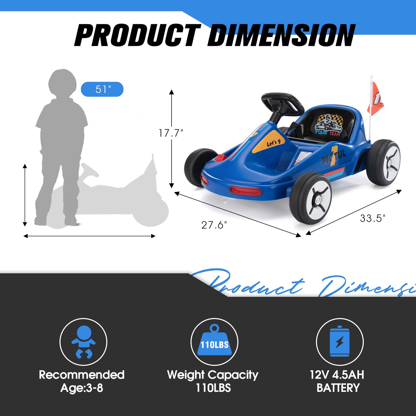 12V Kids Ride On Go Kart, Electric 4-Wheeler Car with Remote Control, Cushioned Seat, LED Lights, MP3 Music, Bluetooth, Pedal Control, Battery Powered Vehicle for 3-8 Years Old, Blue