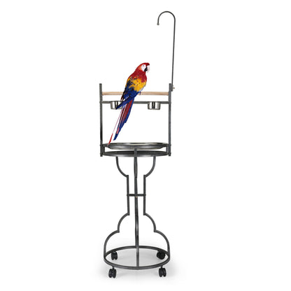 Bird Stand Rack with Solid Wood Perch, Feeding bowls, Waste Tray, Toy Hook and Casters, Black XH