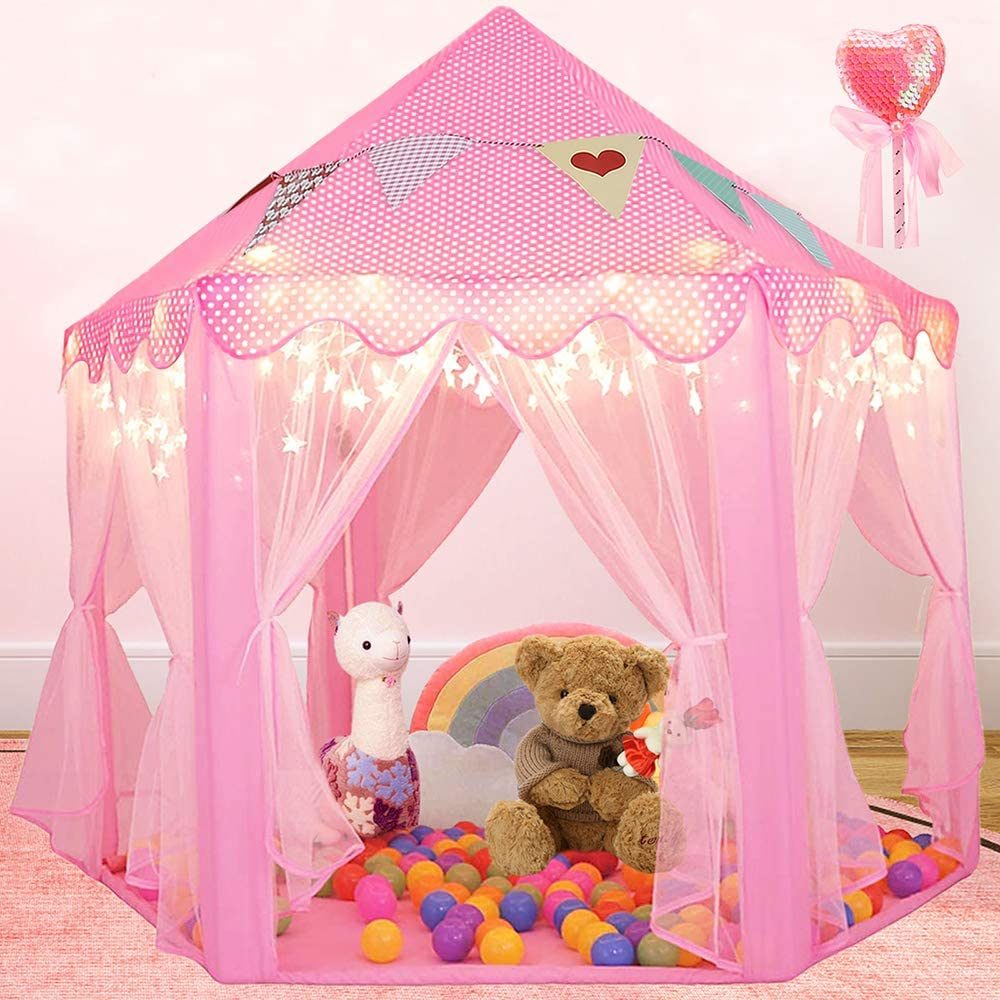 Outdoor Indoor Portable Folding Princess Castle Tent Kids Children Funny Play Fairy House Kids Play Tent(Warm LED Star Lights)