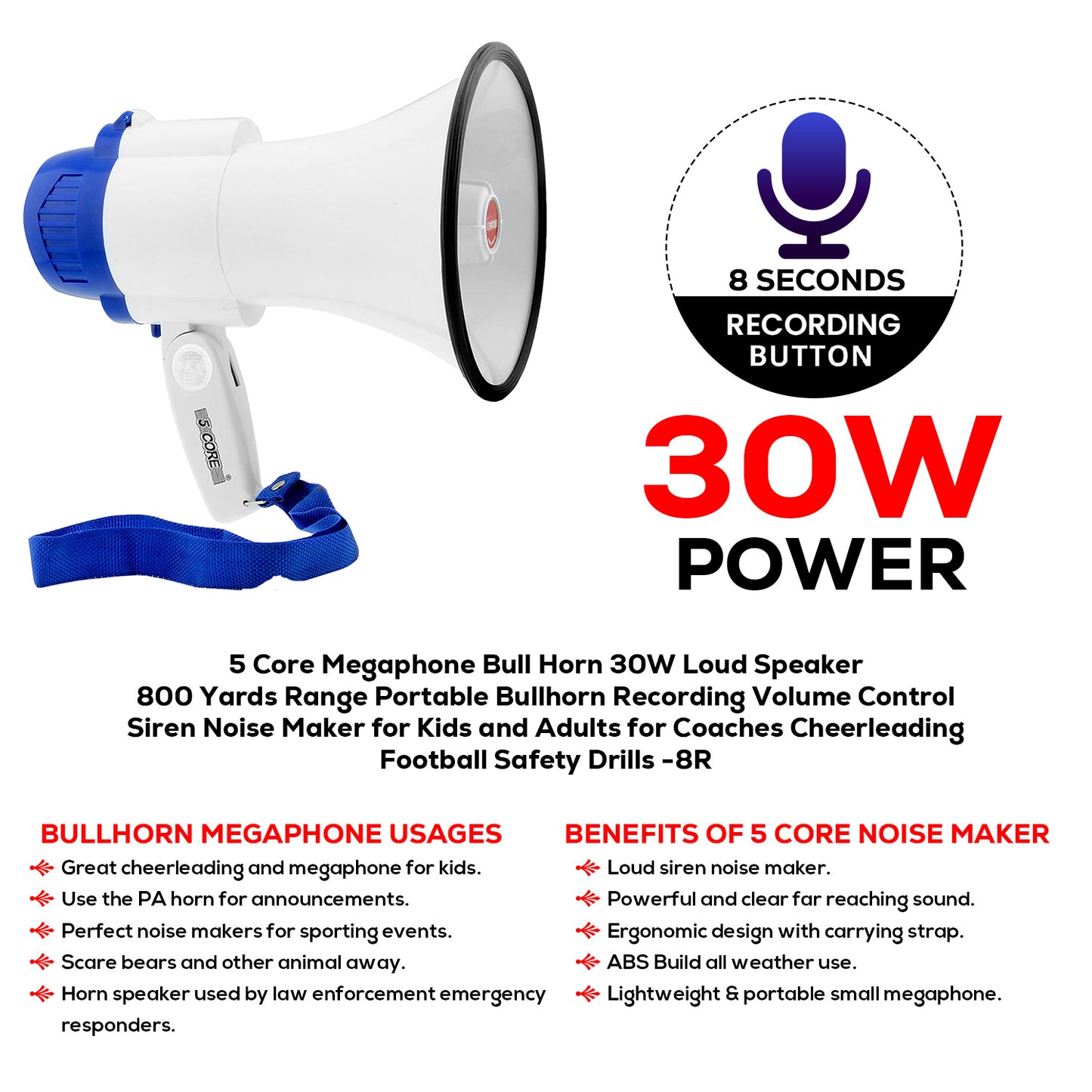 5Core Megaphone Bullhorn Speaker 30W Bull Horn Battery Power Mini Cheer Megafono 800 Feet Range Loudspeaker W Siren Recording Ergonomic Handle for Coaches Football Baseball Cheerleading - 8R