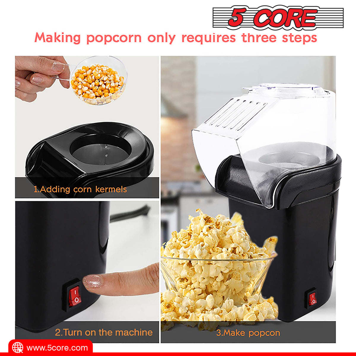 5 Core Popcorn Machine 16 Cup Capacity Hot Air Popper Mini Portable Tabletop Electric Pop Corn Maker Maquina Para Hacer Palomitas De Maiz For Home Movie Party