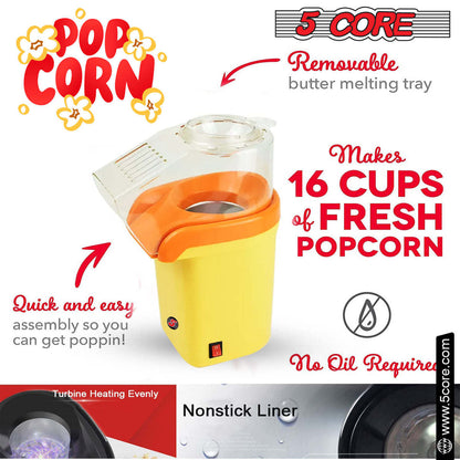 5 Core Popcorn Machine 16 Cup Capacity Hot Air Popper Mini Portable Tabletop Electric Pop Corn Maker Maquina Para Hacer Palomitas De Maiz For Home Movie Party