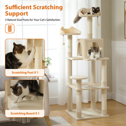 63'' Multi-Level Cat Tree Cat Tower for Indoor Cats with Sisal-Covered Scratching Post, Cozy Cat Condo, Cat Hammock and Wide Top Perch, Beige(Unable to ship on weekends, please be careful when placing