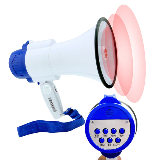 5 CORE Megaphone Bull Horn 30W Loud Speaker 800 Yards Range Rechargeable Portable USB Bullhorn w Recording Volume Control Siren Noise Maker for Kids and Adults for Cheerleading Football Safety Drills