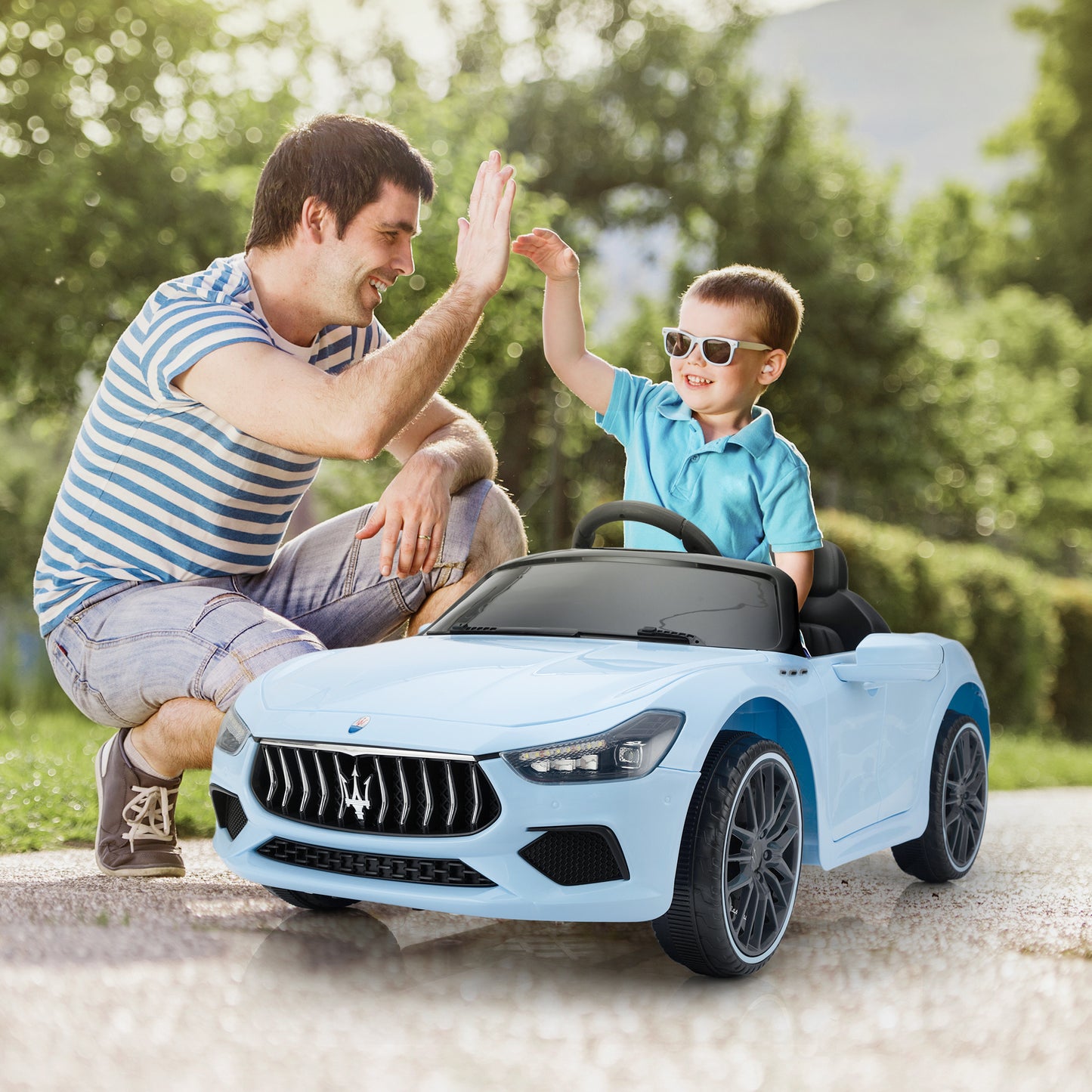 Maserati Ghibli Licensed 12V Kids Ride On Car, Battery Powered Electric Vehicle w/ 2.4G Remote Control, LED Lights, MP3 Music, USB, Horn, Children Age 3-6, Small, Light Blue and Black