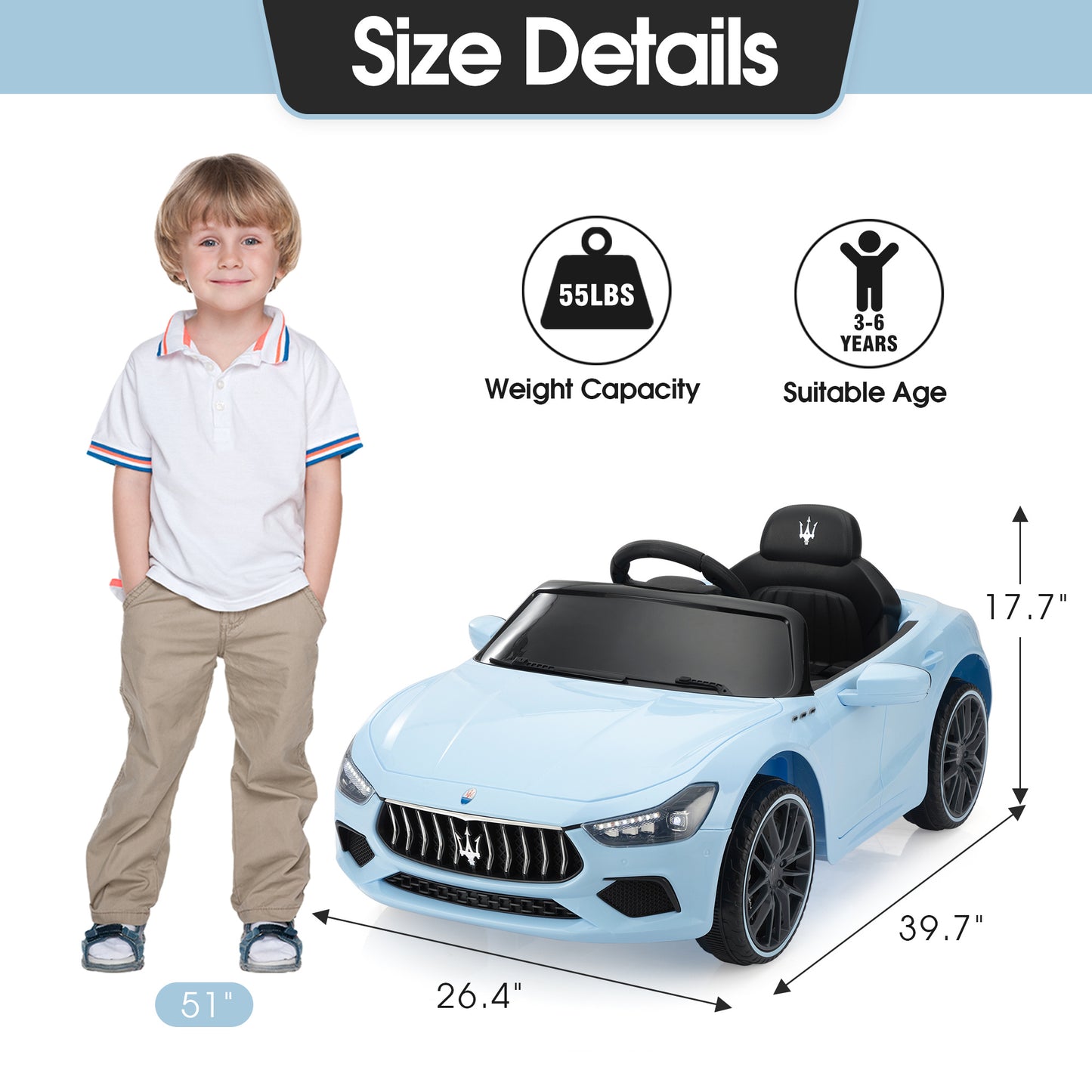 Maserati Ghibli Licensed 12V Kids Ride On Car, Battery Powered Electric Vehicle w/ 2.4G Remote Control, LED Lights, MP3 Music, USB, Horn, Children Age 3-6, Small, Light Blue and Black