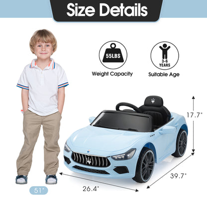 Maserati Ghibli Licensed 12V Kids Ride On Car, Battery Powered Electric Vehicle w/ 2.4G Remote Control, LED Lights, MP3 Music, USB, Horn, Children Age 3-6, Small, Light Blue and Black