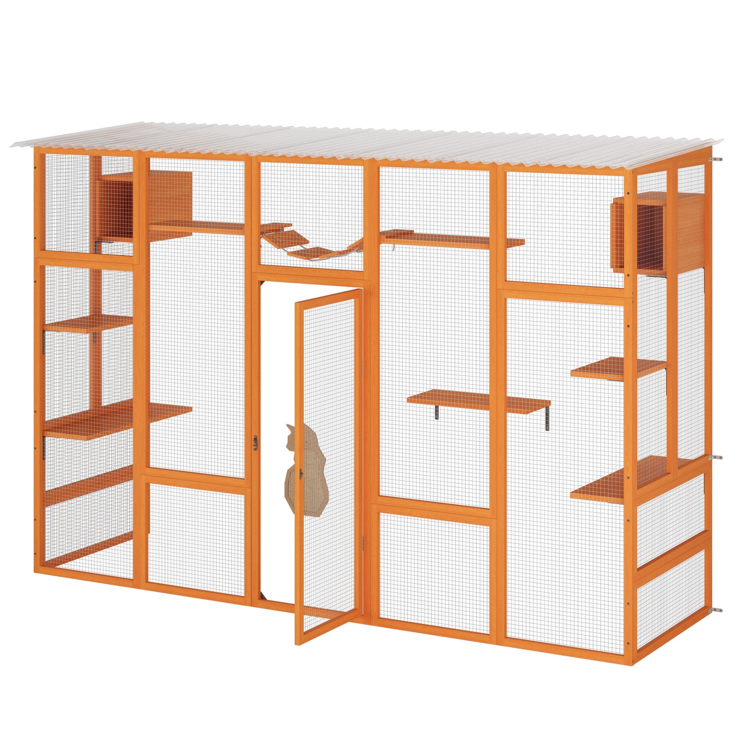 Wooden Cat Enclosure with 6 Jumping Platforms, 2 Cat Condos, Cat Bridge and Scratching Board, Orange