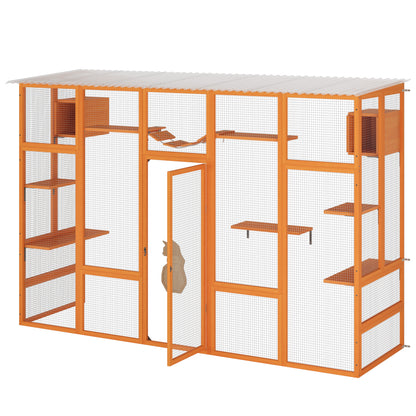 Wooden Cat Enclosure with 6 Jumping Platforms, 2 Cat Condos, Cat Bridge and Scratching Board, Orange