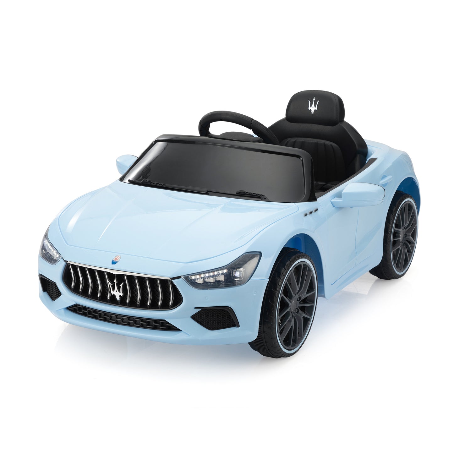 Maserati Ghibli Licensed 12V Kids Ride On Car, Battery Powered Electric Vehicle w/ 2.4G Remote Control, LED Lights, MP3 Music, USB, Horn, Children Age 3-6, Small, Light Blue and Black