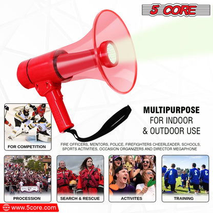 5 Core 40W Waterproof Megaphone Bullhorn Flashlight PRO Fire Army Grade - Battery + LED Light + Adj Volume + Siren Handheld Lightweight for Water Sports Boat Speaker- HW 18 WP RED