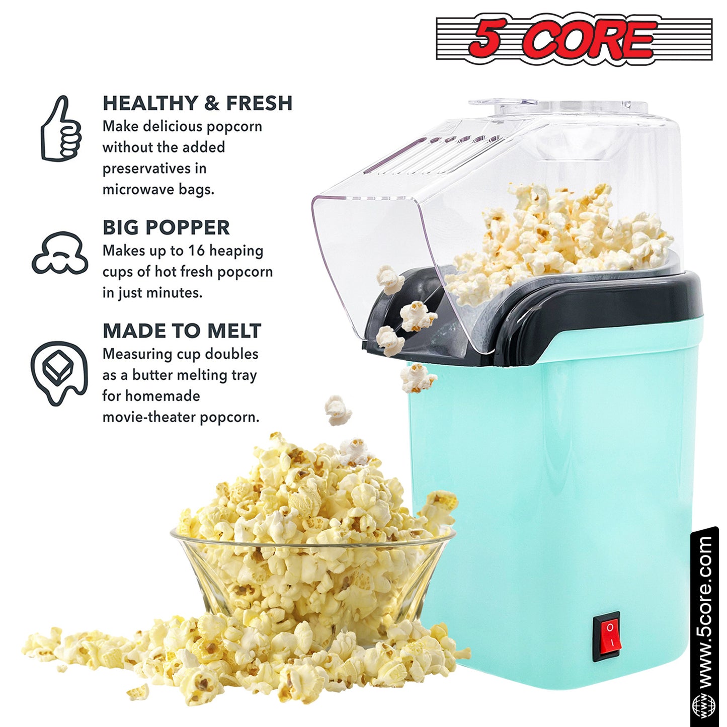 5 Core Popcorn Machine 16 Cup Capacity Hot Air Popper Mini Portable Tabletop Electric Pop Corn Maker Maquina Para Hacer Palomitas De Maiz For Home Movie Party