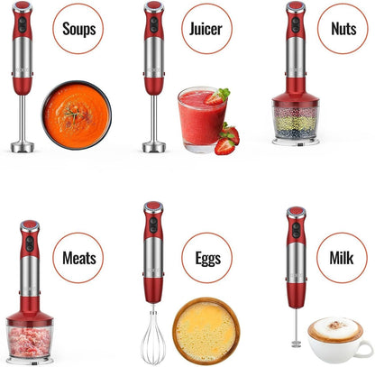 KOIOS 5-in-1 Hand Immersion Blender, 1000W 12 Speed Handheld Blender, Copper Motor Stainless Steel Blade Stick Blender,600ml Mixing Beaker,500ml Food Processor, Whisk, Milk Frother, BPA-Free, Red