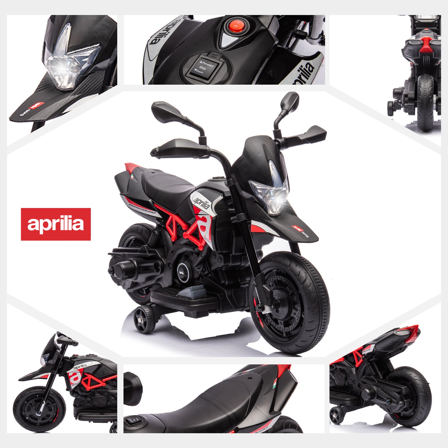 Red, Licensed Aprilia Electric Motorcycle, 6V Kids Motorcycle, Ride On Toy w/Training Wheels, LED Lights, Sounds & Music, Battery Powered Dirt Bike for Boys & Girls