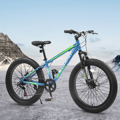 S24109 Elecony 24 Inch Fat Tire Bike Adult/Youth Full Shimano 7 Speeds Mountain Bike, Dual Disc Brake, High-Carbon Steel Frame, Front Suspension, Mountain Trail Bike, Urban Commuter City Bicycle