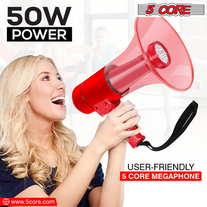 5 Core 40W Waterproof Megaphone Bullhorn Flashlight PRO Fire Army Grade - Battery + LED Light + Adj Volume + Siren Handheld Lightweight for Water Sports Boat Speaker- HW 18 WP RED