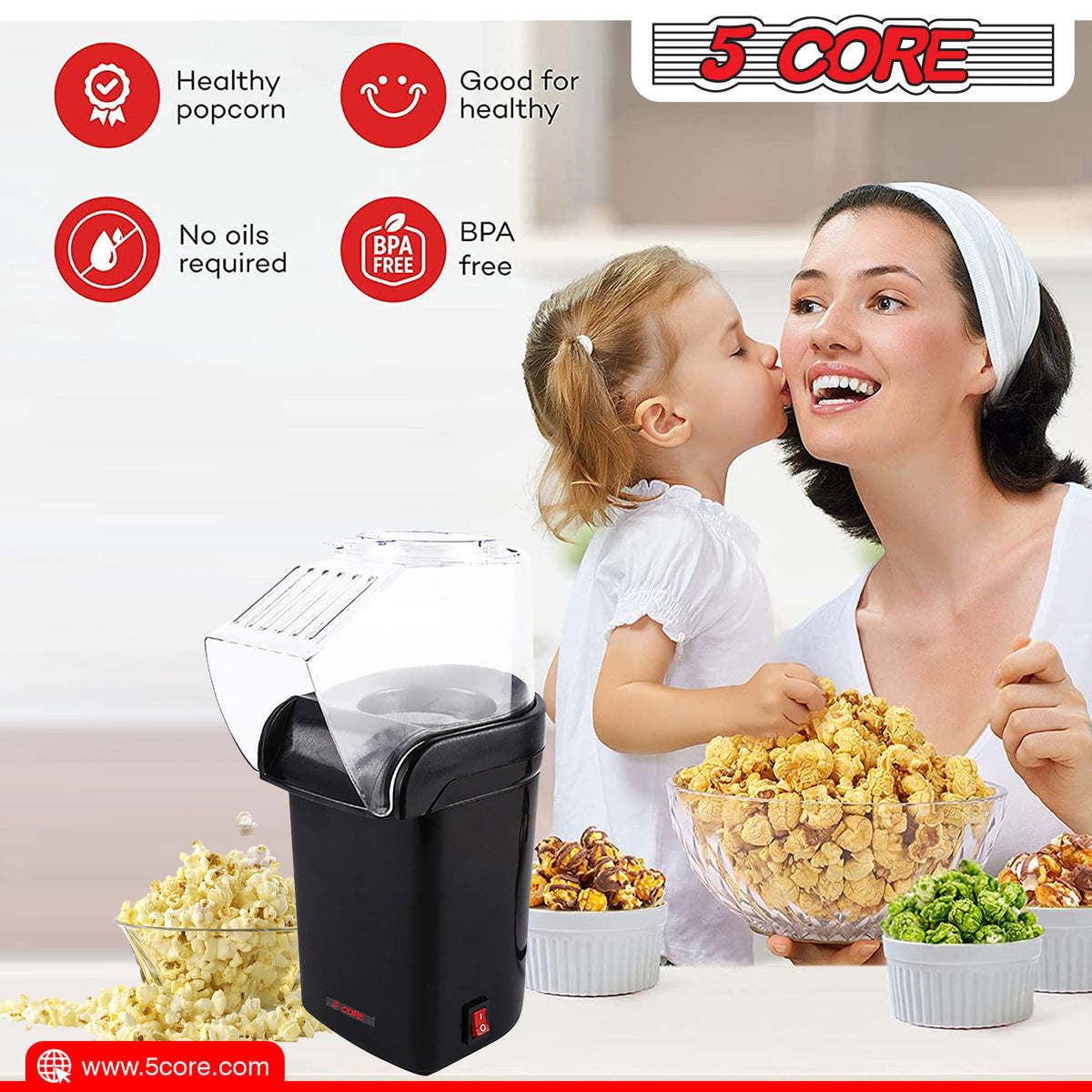 5 Core Popcorn Machine 16 Cup Capacity Hot Air Popper Mini Portable Tabletop Electric Pop Corn Maker Maquina Para Hacer Palomitas De Maiz For Home Movie Party