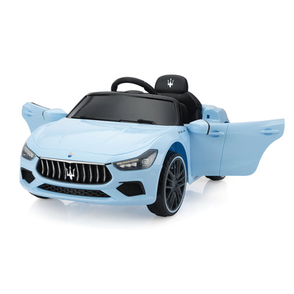 Maserati Ghibli Licensed 12V Kids Ride On Car, Battery Powered Electric Vehicle w/ 2.4G Remote Control, LED Lights, MP3 Music, USB, Horn, Children Age 3-6, Small, Light Blue and Black