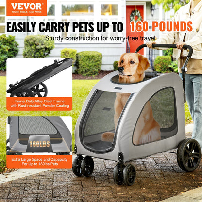 VEVOR Pet Stroller, 4 Wheels Dog Stroller Rotate with Brakes, 160lbs Weight Capacity, Puppy Stroller with Breathable Mesh Windows and Height-Adjustable Height, for Medium and Large Dogs, Dark Grey