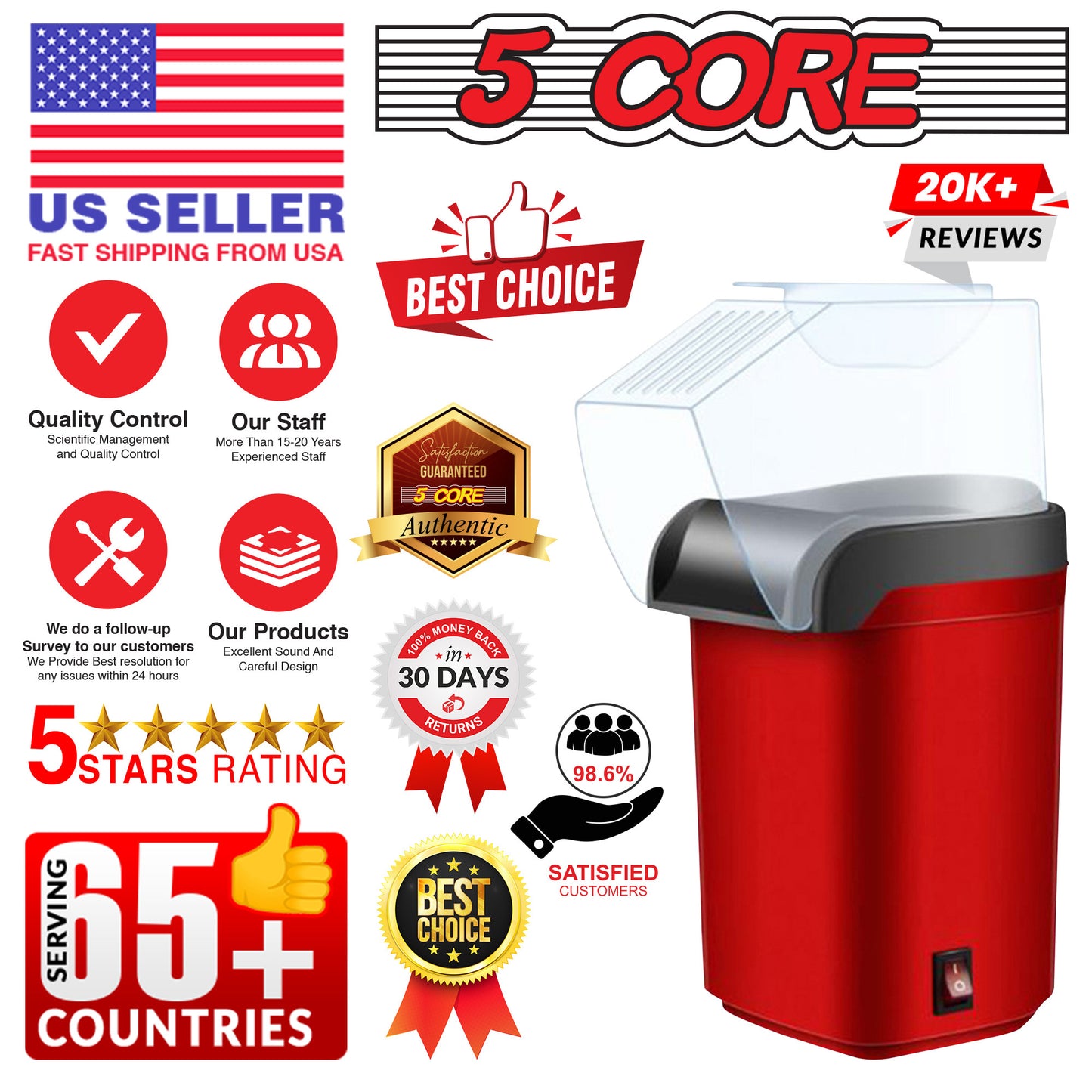 5 Core Popcorn Machine 16 Cup Capacity Hot Air Popper Mini Portable Tabletop Electric Pop Corn Maker Maquina Para Hacer Palomitas De Maiz For Home Movie Party