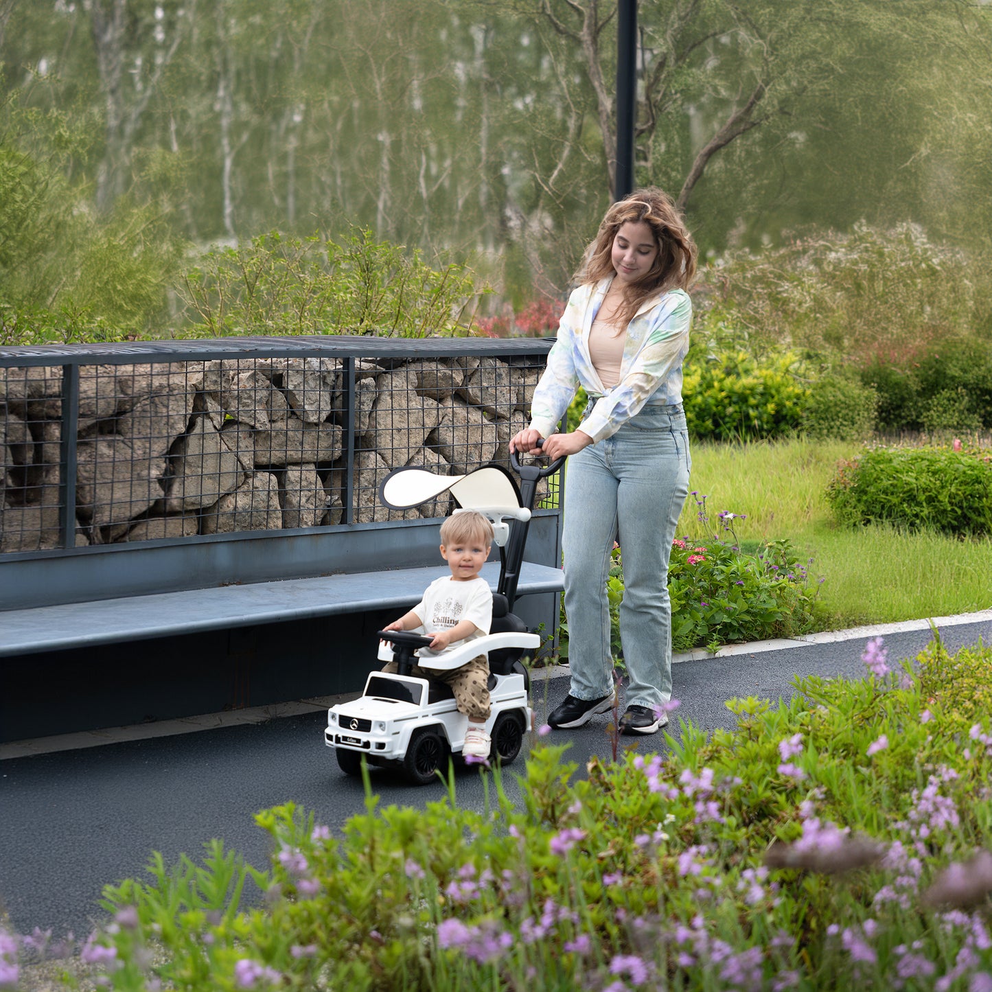 3 in 1 Ride on Push Car for Toddlers with Canopy and Storage, White