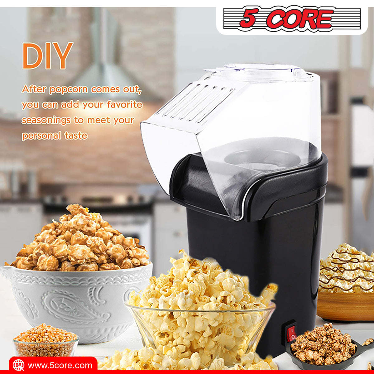 5 Core Popcorn Machine 16 Cup Capacity Hot Air Popper Mini Portable Tabletop Electric Pop Corn Maker Maquina Para Hacer Palomitas De Maiz For Home Movie Party