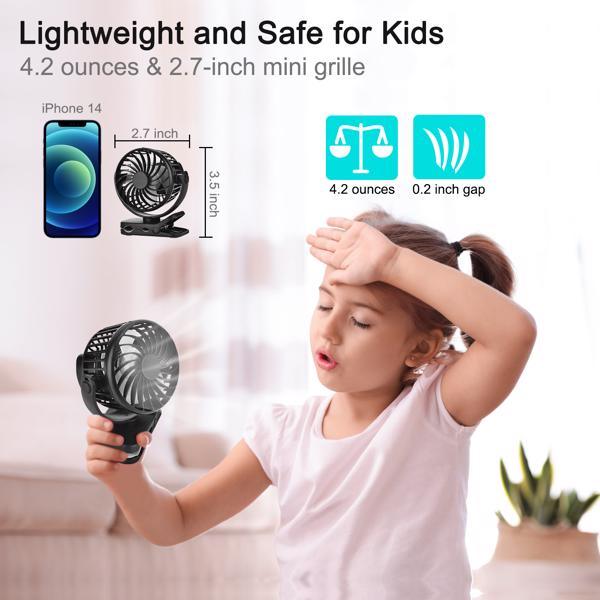 2 pcs 2.7 Inch Small Fan for Kids, Tiny Fan Clip on Backpack, Umbrella, Neck, USB & Battery Operated Portable Fan for Personal Outdoor Cooling, 4.2 Oz Light Weight for Kids and Women (Ship from FBA)