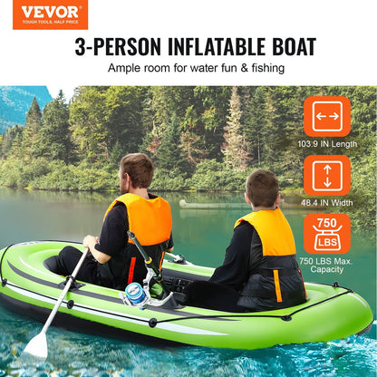 VEVOR Inflatable Boat, 3-Person Inflatable Fishing Boat, Strong PVC Portable Boat Raft Kayak, 45.6" Aluminum Oars, High-Output Pump, Fishing Rod Holders, and 2 Seats, 750 lb Capacity for Adults, Kids