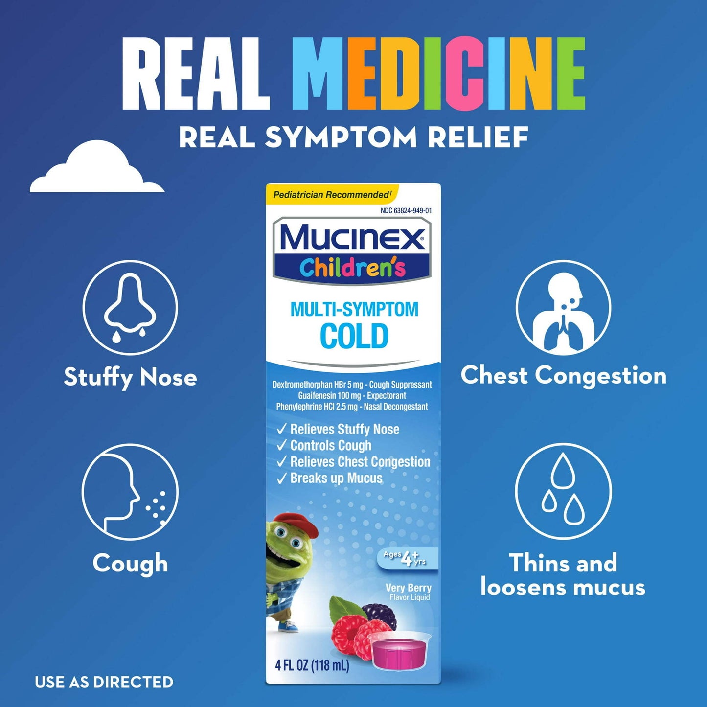 Mucinex Children's Cold & Cough Medicine, Expectorant for Kids, Very Berry Flavor Liquid, 4 fl oz