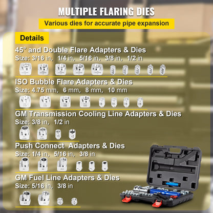 VEVOR Hydraulic Flaring Tool Kit, 45° Double Flaring Tool, Brake Repair Brake Flaring Tools for 3/16"-1/2", Brake Flare Tool with Tube Cutter and Deburrer, 32 PCS Tube Flaring Tools for Copper Lines