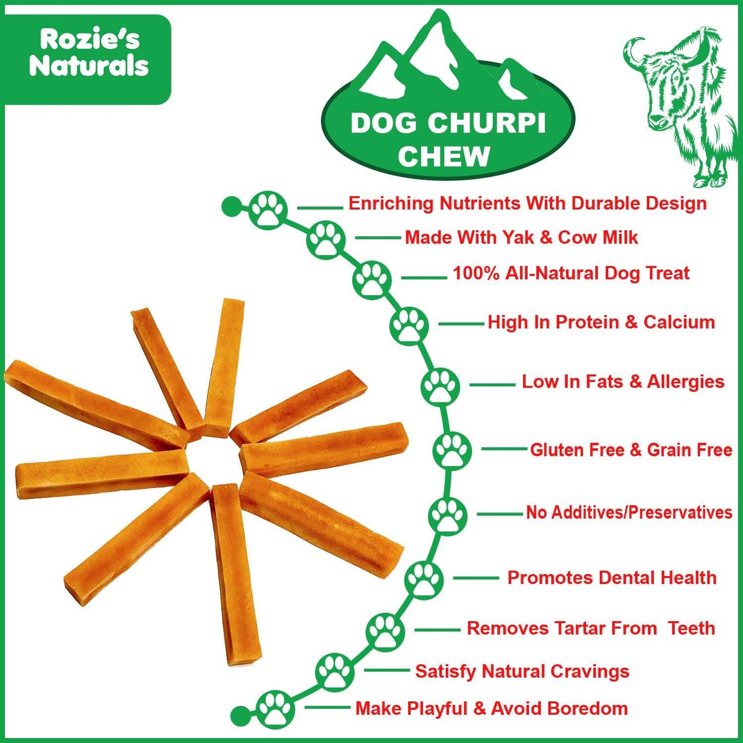 Dog Churpi Chew-100% Natural;  Himalayan Yak Cheese Churpi Dog Treat & Chews;  Grain-Free;  Gluten-Free;  Dental Chews;  4 Count;  Large-15 oz