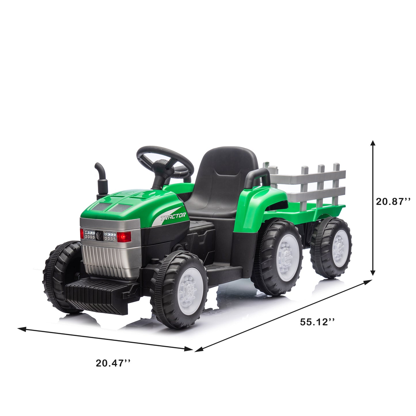 Green, 12V7AH Battery-Powered Toy Tractor with Trailer, Remote Control, Kids' Electric Excavator Vehicles with 2x35W Dual Motor, Treaded Tires, LED Lights, USB, Music, - Gift Childrens DAY