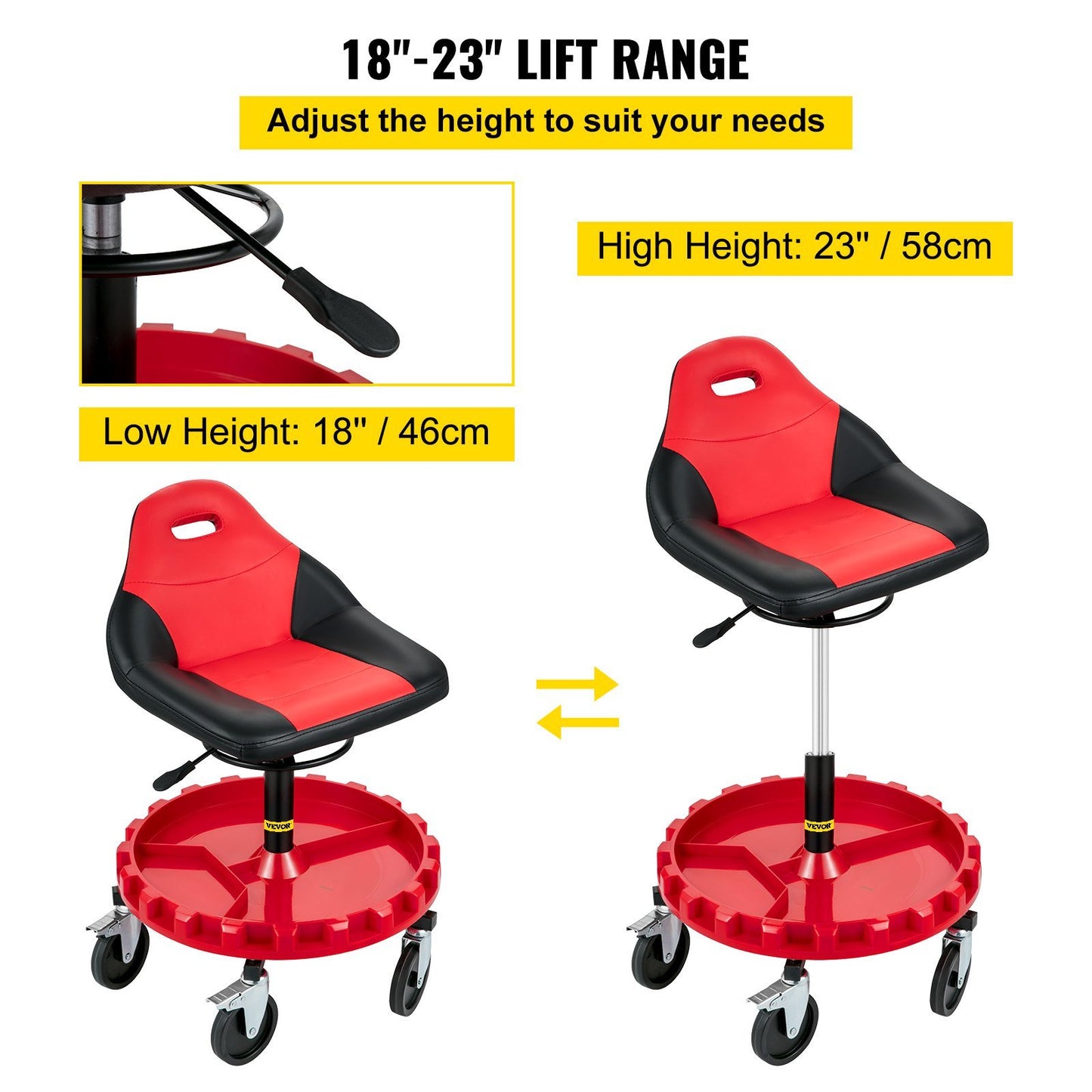 VEVOR Rolling Garage Stool, 300LBS Capacity, 18"-23" Adjustable Height Range, Mechanic Seat with Swivel Casters and Tool Tray, for Workshop, Auto Repair Shop, Red