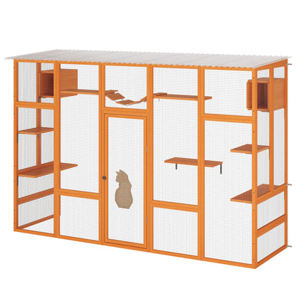 Wooden Cat Enclosure with 6 Jumping Platforms, 2 Cat Condos, Cat Bridge and Scratching Board, Orange