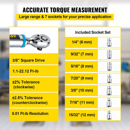 VEVOR Digital Torque Wrench, 3/8" Drive Electronic Torque Wrench, Torque Wrench Kit 1.1-22.12 ft-lbs Torque Range Accurate to ±2%, Adjustable Torque Wrench w/ LED Display and Buzzer, Socket Set & Case