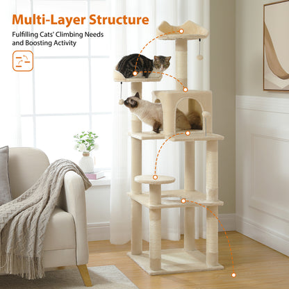 63'' Multi-Level Cat Tree Cat Tower for Indoor Cats with Sisal-Covered Scratching Post, Cozy Cat Condo, Cat Hammock and Wide Top Perch, Beige(Unable to ship on weekends, please be careful when placing