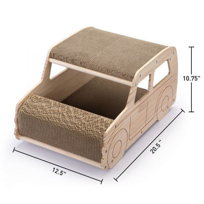 2-in-1 Wood Corrugate Cat Scratcher, Cardboard Cat House, Reversible Car-Shaped Scratch Furniture Protector