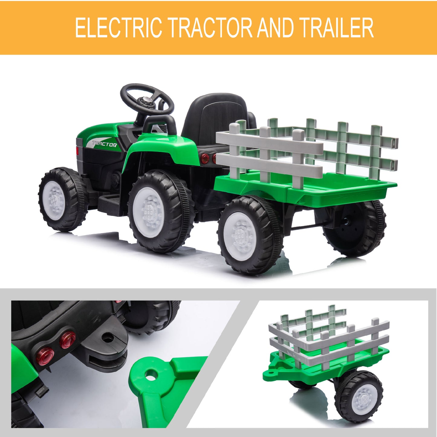 Green, 12V7AH Battery-Powered Toy Tractor with Trailer, Remote Control, Kids' Electric Excavator Vehicles with 2x35W Dual Motor, Treaded Tires, LED Lights, USB, Music, - Gift Childrens DAY