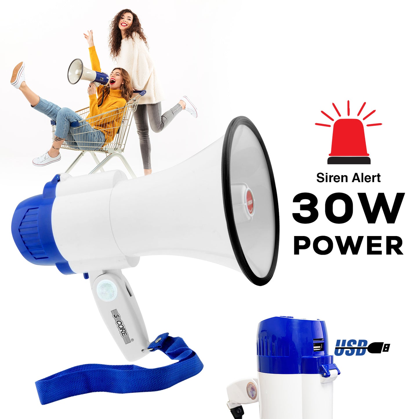 5Core Megaphone Bullhorn Speaker 30W Bull Horn Battery Power Mini Cheer Megafono 800 Feet Range Loudspeaker W Siren Recording Ergonomic Handle for Coaches Football Baseball Cheerleading - 8R