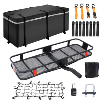 Hitch Mount Cargo Carrier Basket 60" X 21" X 6"+Waterproof Cargo Bag 16 Cubic Feet(56" 20" 20"),Hauling Weight Capacity of 500 Lbs and A Folding Arm.with Hitch Stabilizer,Net and Straps