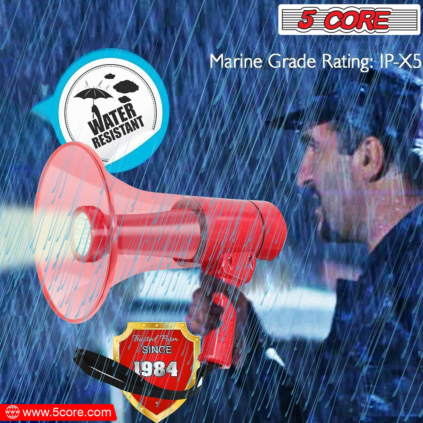 5 Core 40W Waterproof Megaphone Bullhorn Flashlight PRO Fire Army Grade - Battery + LED Light + Adj Volume + Siren Handheld Lightweight for Water Sports Boat Speaker- HW 18 WP RED